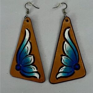 Handcrafted Blue and Tan leather Angel Wing Earrings